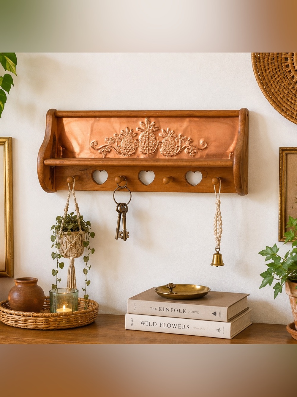 Vtg Wood and Copper Hanging Wall Shelf Heart Cut Outs 4 Pegs Pineapple 24"